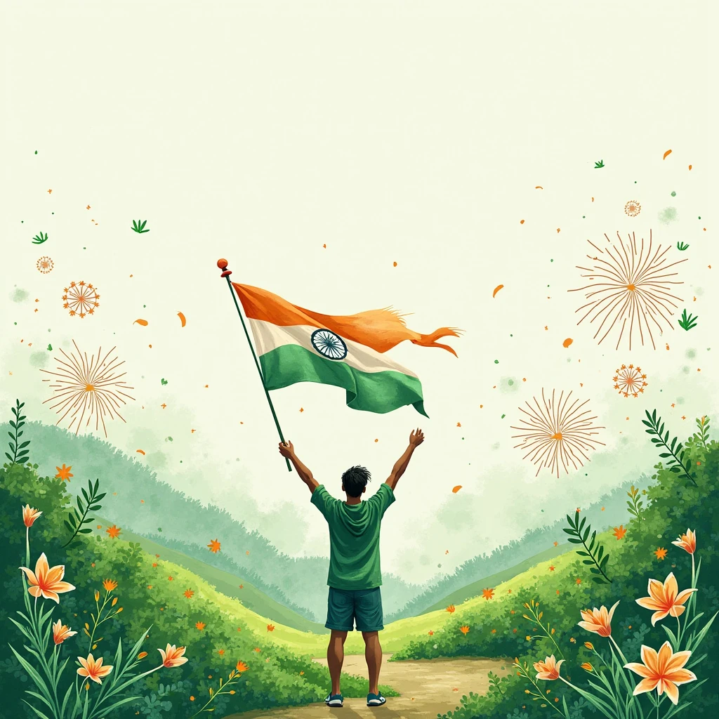 A boy holding Indian flag and running in the sunset
