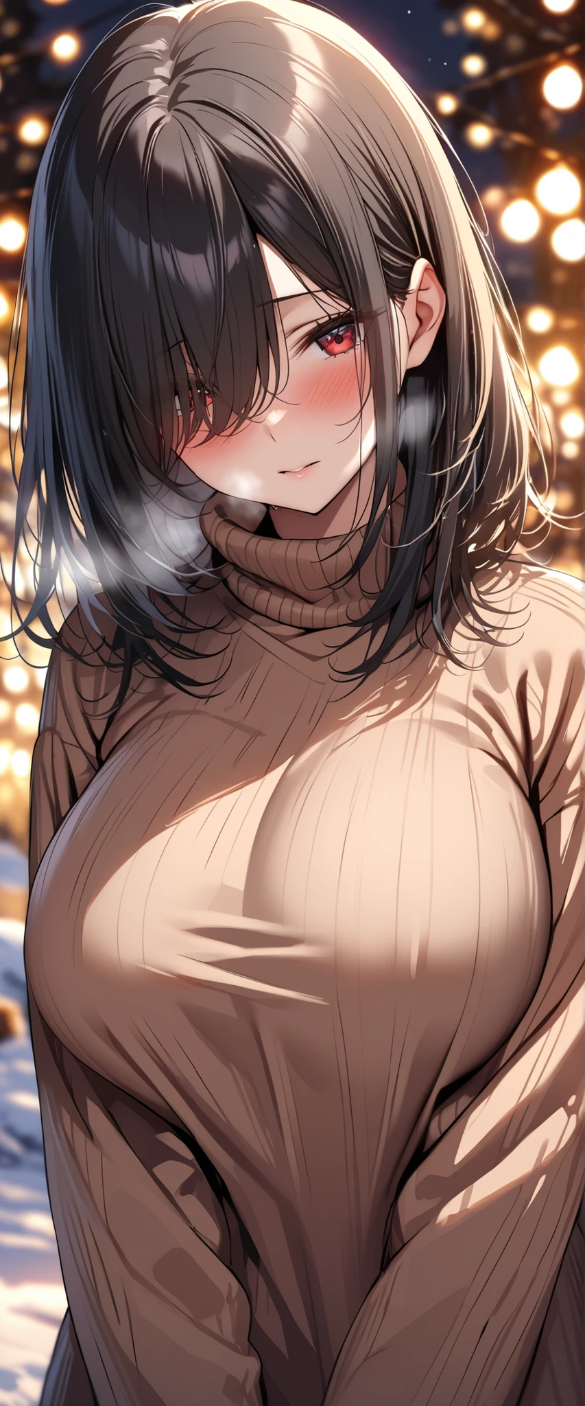 girl in winter clothes showing her breasts, ((detailed nipples)), holding breasts, (pantyhose), cityscape, medium breasts, ((very detailed)), perfectly detailed face, detailed hand, photorealistic image.