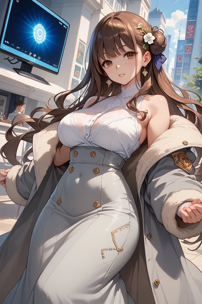 masterpiece, Highest quality, whole body, One girl, bangs,Brown Hair、From the waist up、Brown sleeveless sweater、Wearing a black jacket、20-year-old woman、Long Hair、bangsはなし、Chest cutout、Cleavage
