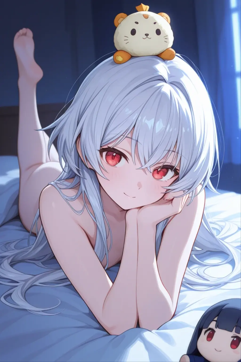 (young :1.3),furry,long hair,light grey fur,naked,luxury bedroom,night,red curtains,sit in bed,reaching to viewer,full face blush,smile,shy face,squinting eyes,heart eyes,front view,selfie