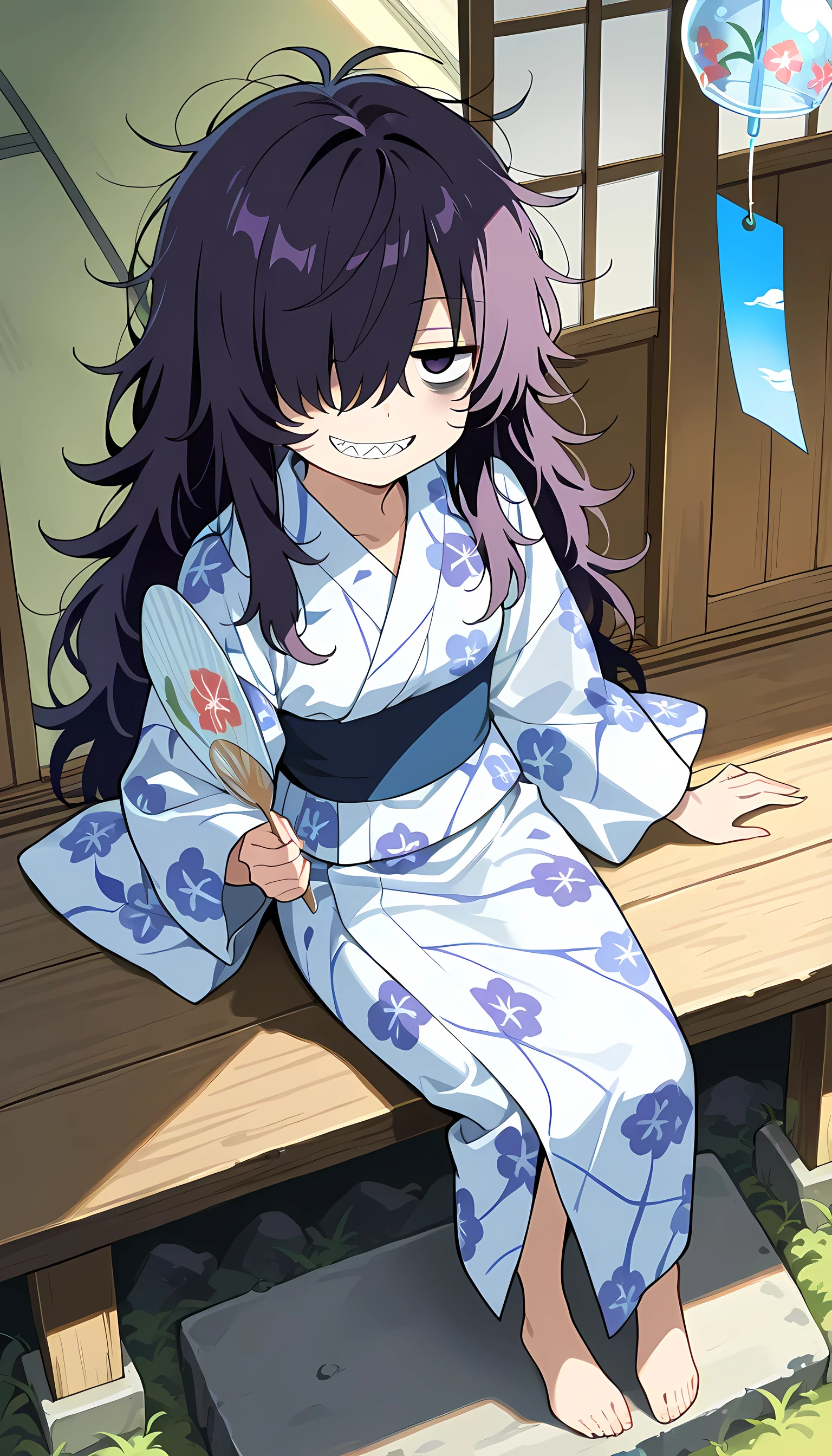 (masterpiece, best quality, amazing quality, very aesthetic, absurdres, newest:1), masterpiece,best quality,amazing quality, insanely detailed ,japanese anime style, kyoto animation style,(high detail), 1girl,solo,long hair,dark purple hair, ((messy hair)), hair over one eye, (hair over right eye),((jitome)) ,(bags under eyes) ,grin,sharp teeth,small breasts,petite,(flower patterned yukata ),bare foot,holding a uchiwa , sitting porch, Wind chime ,japanese house,summer,