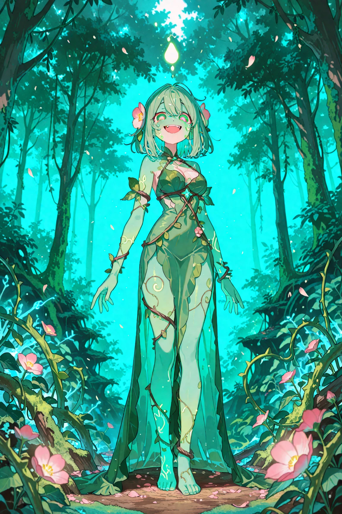 (masterpiece), best quality, expressive eyes, perfect face, (((1 young woman))), (((solo))), breasts, (((cyan eyes))), (((lush tropical background))), (((white hair))), (((flushed face))), ((((((green skin)))))), (large breasts), (thick thighs), (((standing))), (((facing the camera))), (((hands behind))), (((long flowing hair adorned with green leaves and pink flowers))), (((revealing nature-themed outfit))), (((short sleeveless tight dress on the body))), (((clevage))), (((heart-shaped neckline))), which is also decorated with leaves and flowers. Little magical blue lights float around you, adding a mystical aura to the scene. In the background is a serene body of water, possibly a lagoon, surrounded by a variety of tropical plants and flowers under a moonlit sky. The setting suggests a tranquil and exotic location, possibly a fantasy setting.