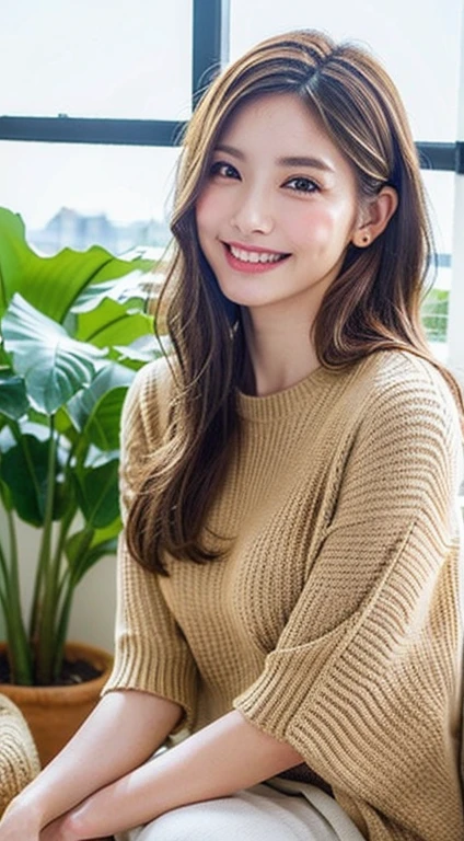 arafed woman with long brown hair and a tan sweater, warm and gentle smile, young adorable korean face, jaeyeon nam, smiling sweetly, cute korean actress, slight cute smile, ulzzang, lee ji - eun, lee ji-eun, young cute wan asian face, innocent smile, neat hair with bangs, jinyoung shin, lovely smile, warm smile