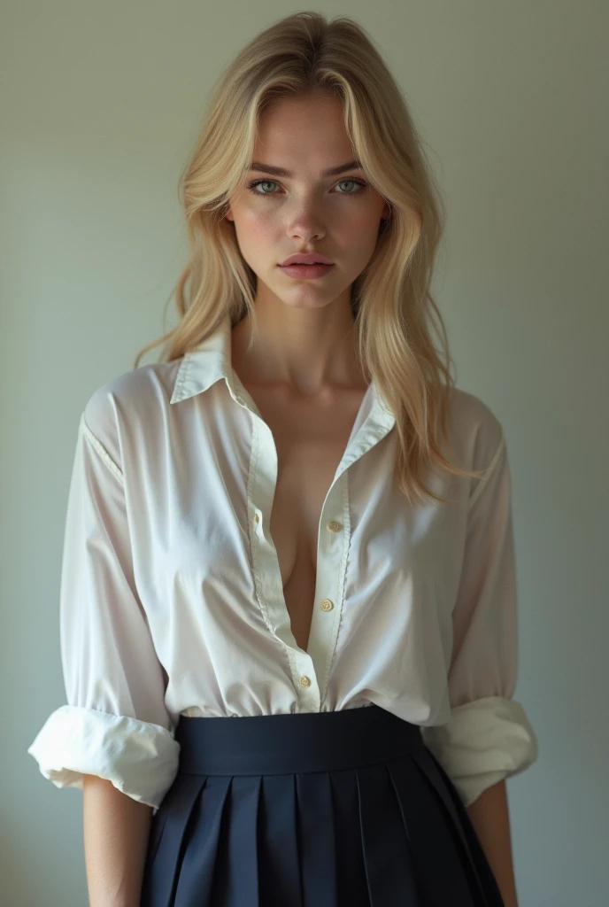 a 16years old , blonde, white shirt,black short skirt, super huge boobs(34 E CUP) ,very white skin tone teenager ,standing behind a black table, the back ground is a black wall
taking a realistic far view photo