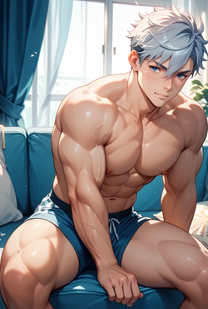 blue hair boy, blue eyes, muscular, hot and sexy sweaty body, shirtless, wearing short blue shorts, barefoot, lying down, touching his erect cock 