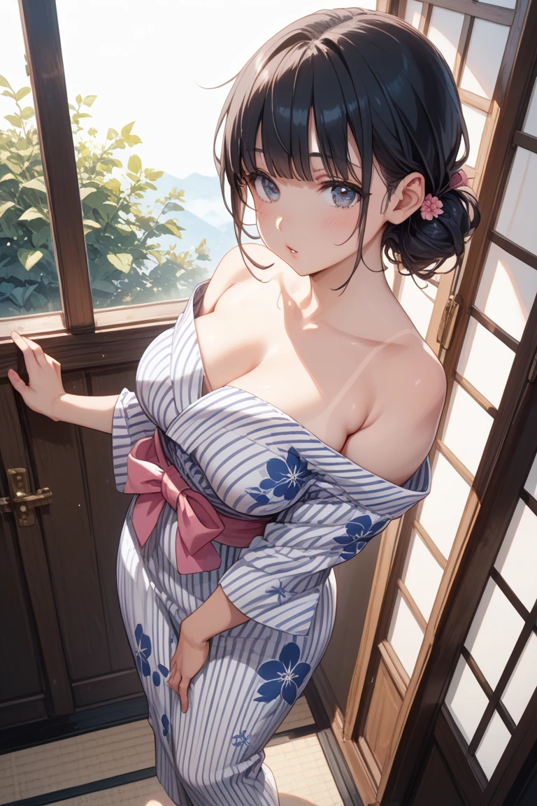 Tabletop, Highest quality, Realistic, In detail, High resolution, 8k wallpaper, Perfect dynamic composition, Beautiful attention to detail, (short Hair, Shiny hair, wave), Hair blowing in the wind, large breasts:1.5, Random pose, (Morning Glow, Her bedroom, On the bed:1.5),Lying in bed, lying on the bed, (yukata, yukata, Single-colored belt, 大きな花柄のyukata, Dark blue fabric, Neat Japanese clothing, yukata), (Disheveled clothing, Clothes being taken off, Unbuttoned Clothes), , ((Pale blue bra)), 23 years old, Adult face, Hot Cheeks, (Droopy eyes), Adult Beauty, Japanese, ((from below, Photo from a camera placed on the ground)),Attractive thighs, Glowing Skin, Realistic skin texture, 