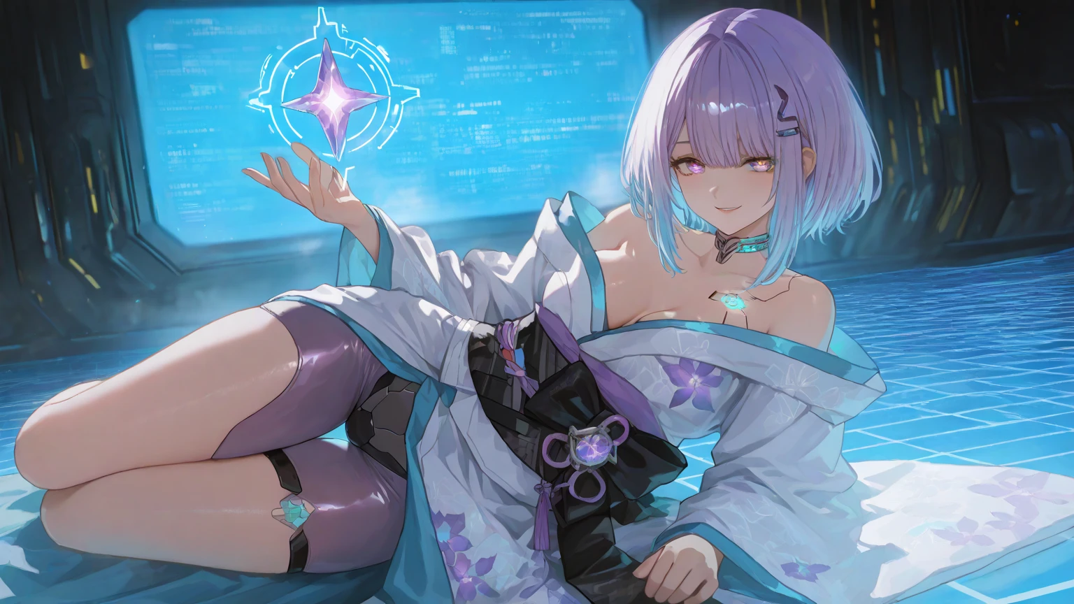 1 girl, Single braid ,Purple Hair, purple eyes, magic circle, blue light, เปลวblue light, Wallpaper, terrain, depth of field, nighttime, light particles, light rays, On the side of the road, thigh, fortune \(set\), Genshin Impact, open jacket, thighสูง, Cloud, big breasts, lying on the bed with legs spread, taking off all her clothes, naked, putting her fingers in her pussy, masturbating