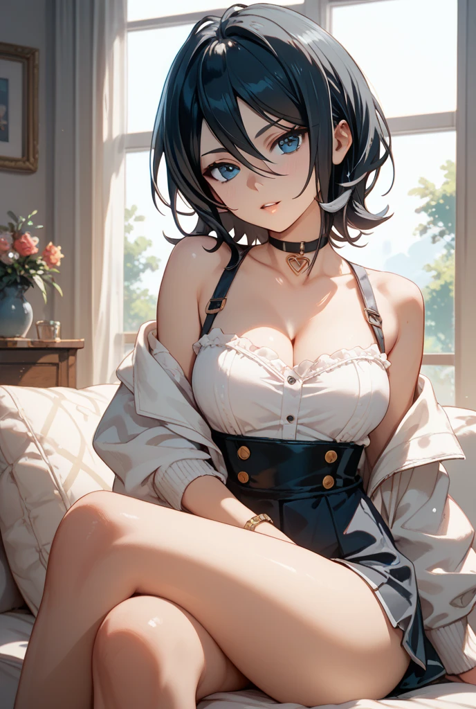 32K, anime style girl, shiny jet black hair, with side ponytail, crystal blue eyes, daring 25 years, busty, neckline, (black bra), bloomed shirt , white shirt, mini skirt, of skin, with open mouth, lips parted, (blush:1.3), looking tantalizingly at the viewer, in front of the viewer, Living room background, leaning forward on the table, (to throw), bright Eyes, collar, earrings, wearing black choker, NSFW, in a nightclub with neon lights.