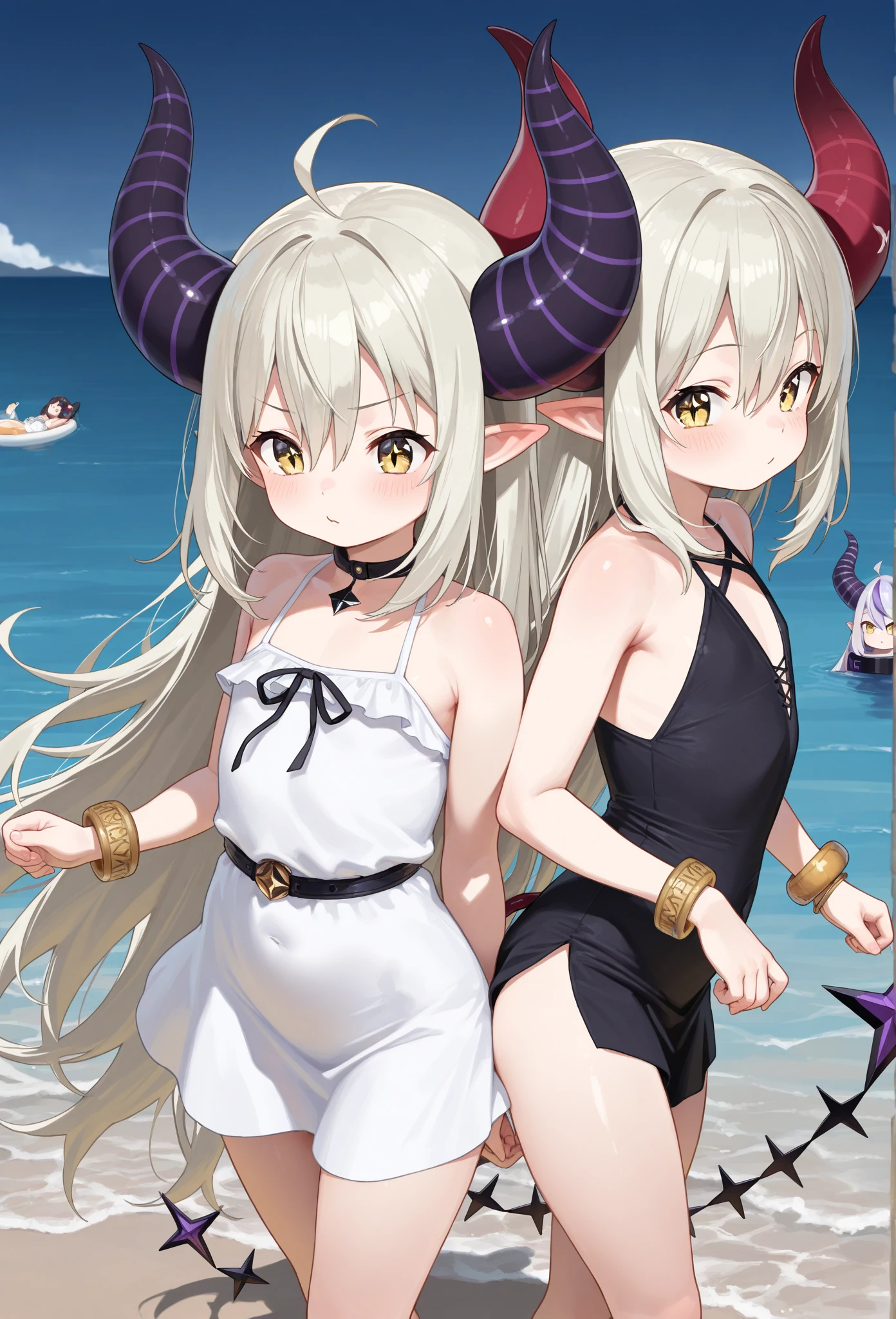 illyasviel von einzbern, 1girl, solo, long hair, breasts, looking at viewer, blush, bangs, red eyes, navel, animal ears, hair between eyes, bare shoulders, closed mouth, collarbone, swimsuit, white hair, bikini, thighs, small breasts, outdoors, horns, sky, day, collar, blue sky, , bell, fake animal ears, animal print, neck bell, cow print, cow ears, cow horns, ear tag