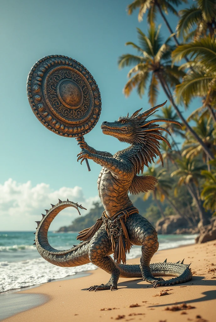 a filipino fisherman facing a chinese person with a dragon behind carrying guns