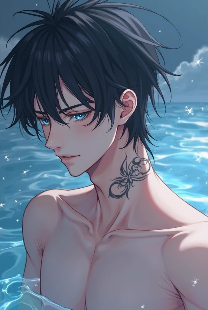masterpiece, best quality, high quality, 1boy, solo, male focus, looking at viewer, <lora:MiyamuraIzumi_LoRA-10 - copia:0.81>, miyamura, black hair, hair between eyes, blue eyes, short hair, bangs, pool, topless male, tattoo, shoulder tattoo, splashing