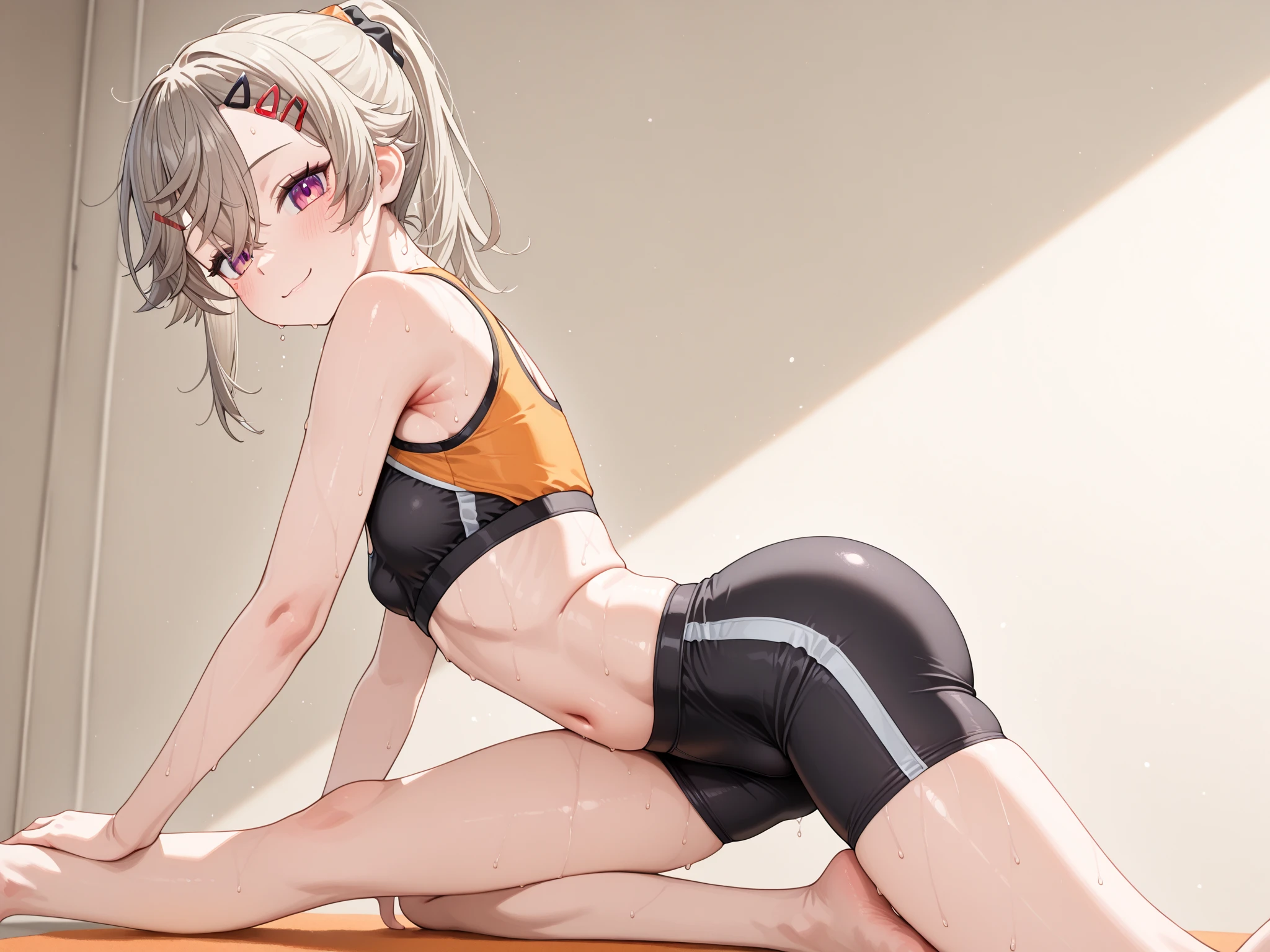 A woman, 21-years-old, solo, Caucasian, blonde hair tied back in a bun, no bangs, green eyes, black leotard, white pantyhose, standing_split, yoga studio, wooden floors, calm facial expression, serene, relaxed, peaceful, soft gaze, night