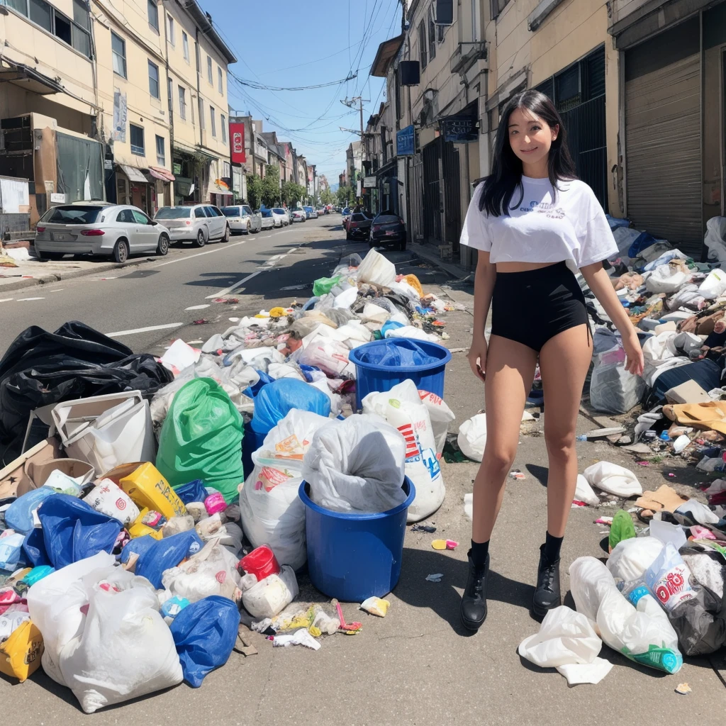 Create a photo of a very beautiful girl in black tights and without a bra and place her in a garabage and manure and mud Make her stay in a swamp where there is a lot of garbage, dirt, sticks and bottles Make it so that it is very scary around her, there is a lot of garbage and dirt and shit and bottles and sticks