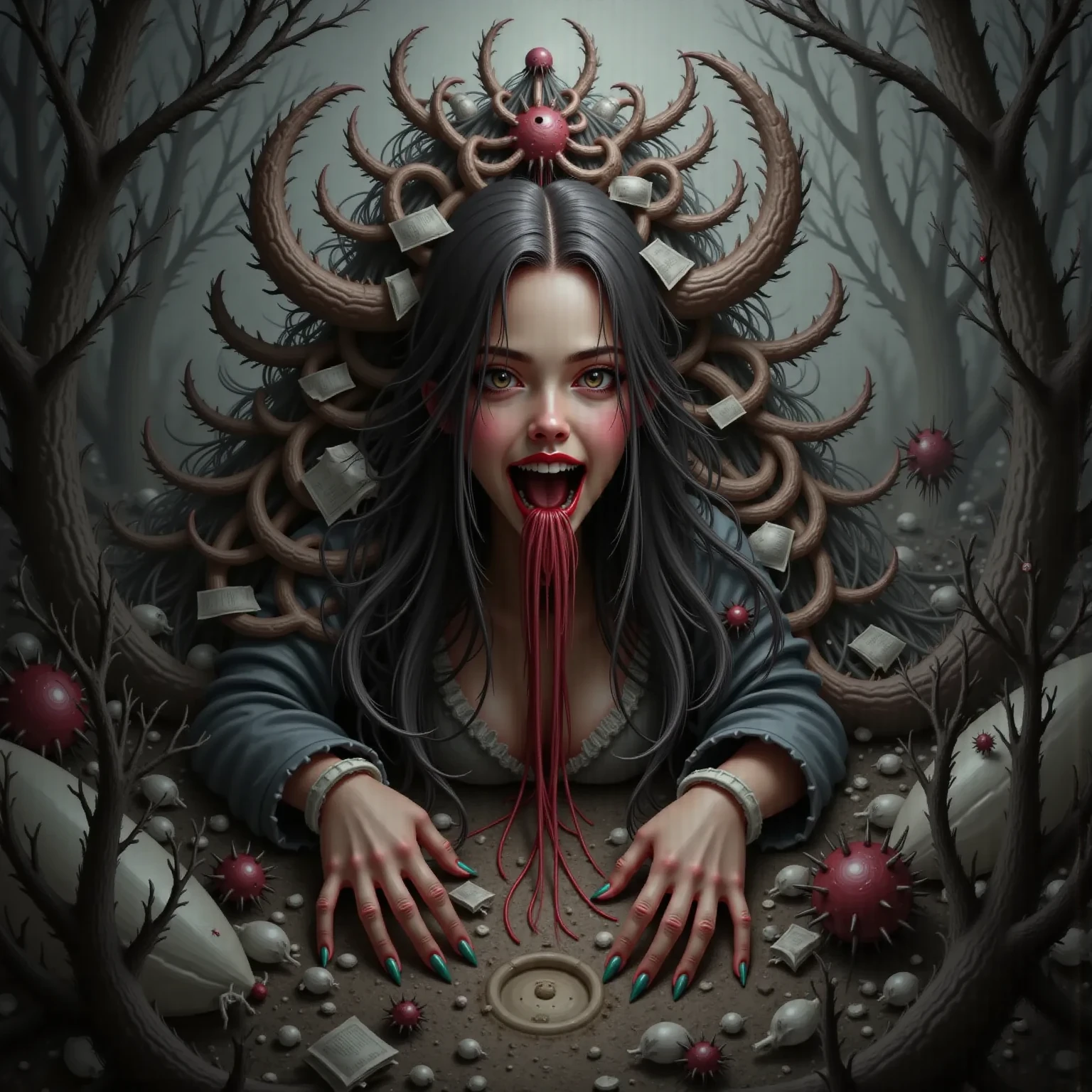 in the nightmare dream, nightmare world A dense, glowing white forest, a stream of black water, A female samurai in a kimono, her body decayed from various wounds, her eyes red, and her smile stretching from ear to ear, old and torn, covered in black and red blood, no skull, mouth wide open. a monster with insect-like legs hiding in the head of a 's porcelain clown doll, which has cracks hidden in the bushes. The ground is like melting plastic, Horror, Nightmare, UnrealEngine5, Realistic