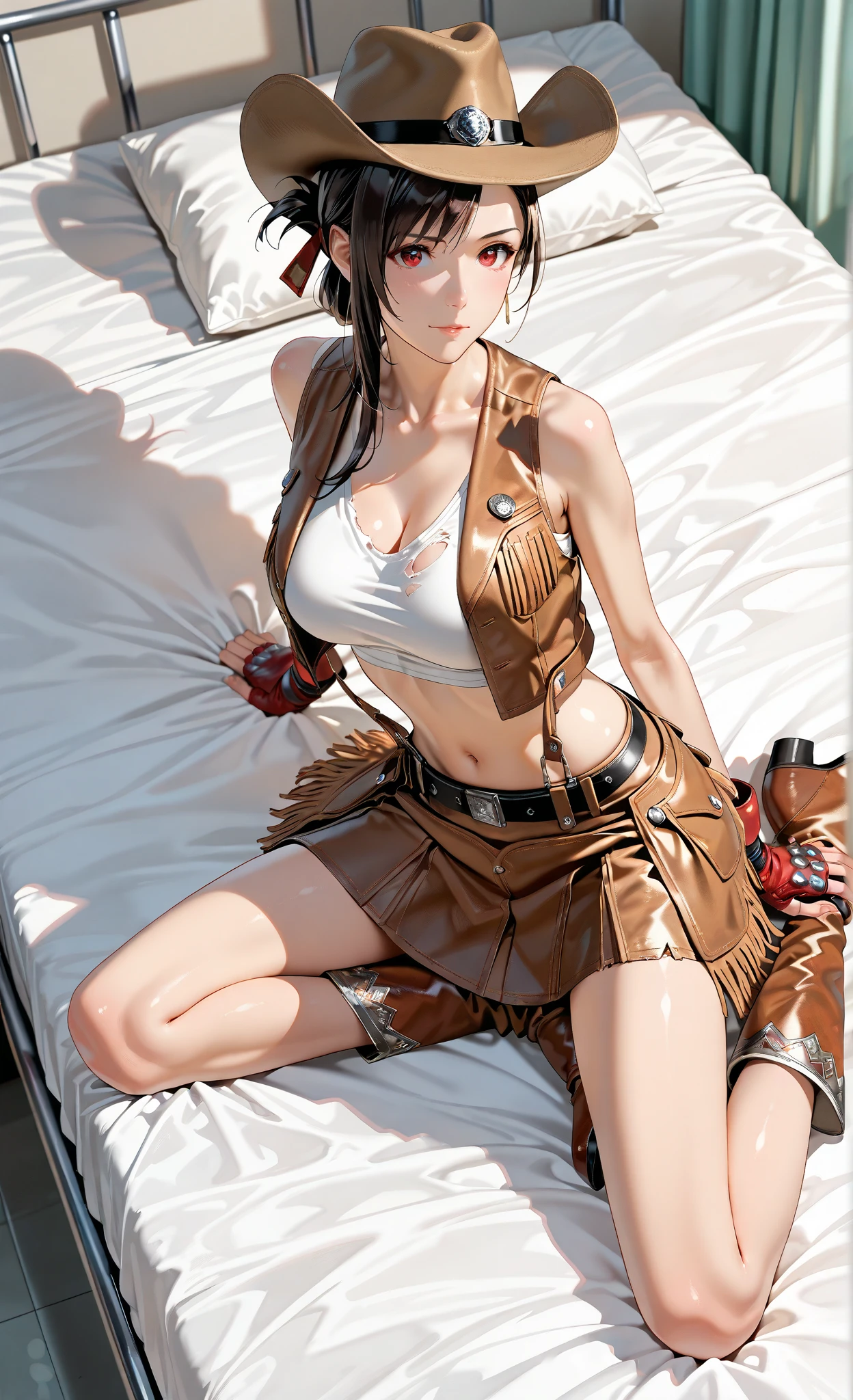 Japanese beauty naked,Western Cowgirl,Gun belt with holster,Watch on wrist,Drunk,hiccups,indoor,Night Bar、Above the knee shot、Lying in bed