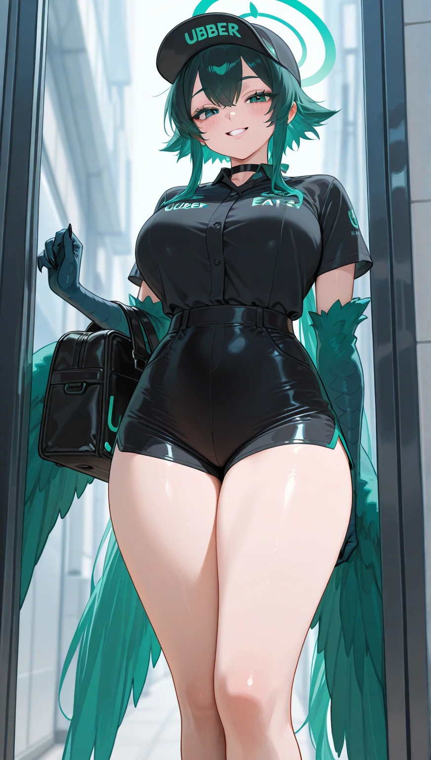 Amongst towering skyscrapers, seen from a high-rise office, the Giantess Goddess with obsidian-black skin and glowing green eyes stands tall in a sleek black dress. Normal-sized humans scatter in terror as she steps forward, each tremor causing buildings to collapse. She plucks people from the streets, savoring their panic and pain.


