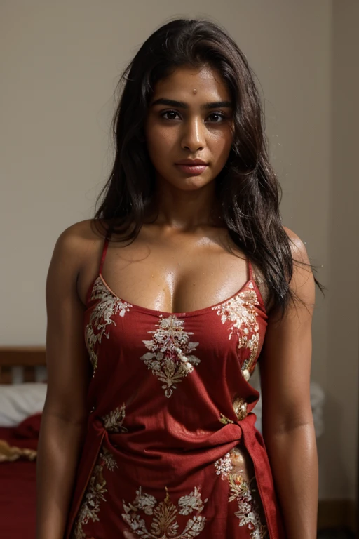 1 cute confident young indian girl wearing a red slip dress at a party, candid photo, height 160 centimetres, petite build, fair skin, average hair length of 60 centimetres, photorealistic, detailed eyes, highly detailed, 8k, masterpiece, photorealistic, high contrast, detailed skin texture, ultra-detailed, realistic skin texture