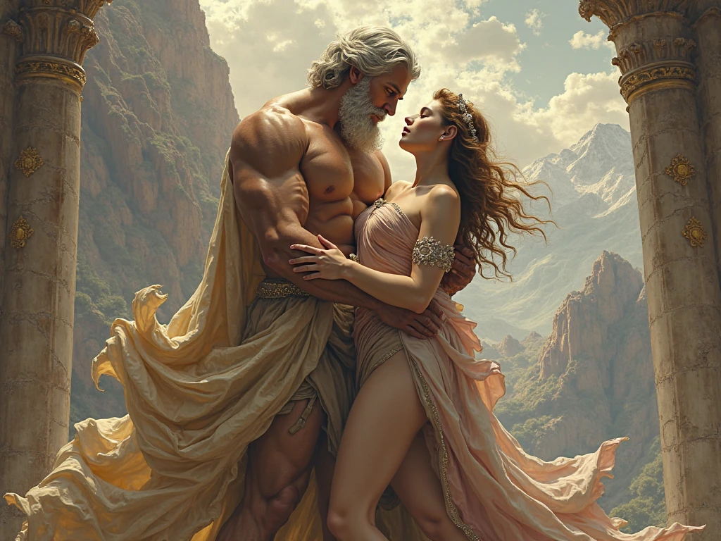 a man running white kitnap a woman, painted of rugged zeus and queen hera, masculine, mature, full body, muscular, hairy torso, fantasy, intricate, elegant, highly detailed, digital painting, artstation, concept art, smooth, sharp focus, illustration, art by gaston bussiere and alphonse mucha, almost naked, slim body, god body,
