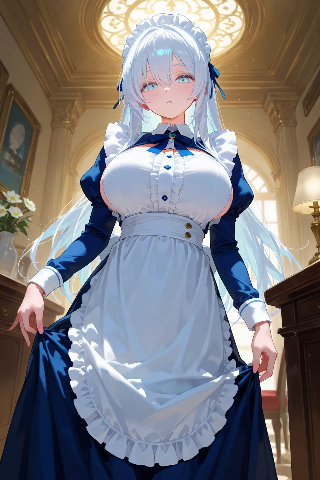 (big boobs, tall, mommy, short white hair with blue highlight, dress:1.1), (best quality,8k,highres,masterpiece:1.2), on a date, looking at viewer, thicc , showing cleavage, tight white shirt, translucent shirt, boob angle, looking at viewer, blue sparkling eyes