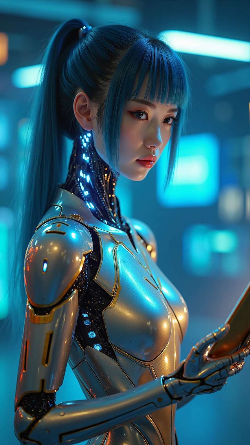 Sexy Asian like a cyborg realistic and intricate perfect beauty face, sharp galaxy detailed glowing eyes, face detailed, (((from face to waist))), (((fine beauty shape))), ((in sci-fi plugsuit, mechanical metal parts with realistic neon lighting)), (work of art), 4K, ultra HD
