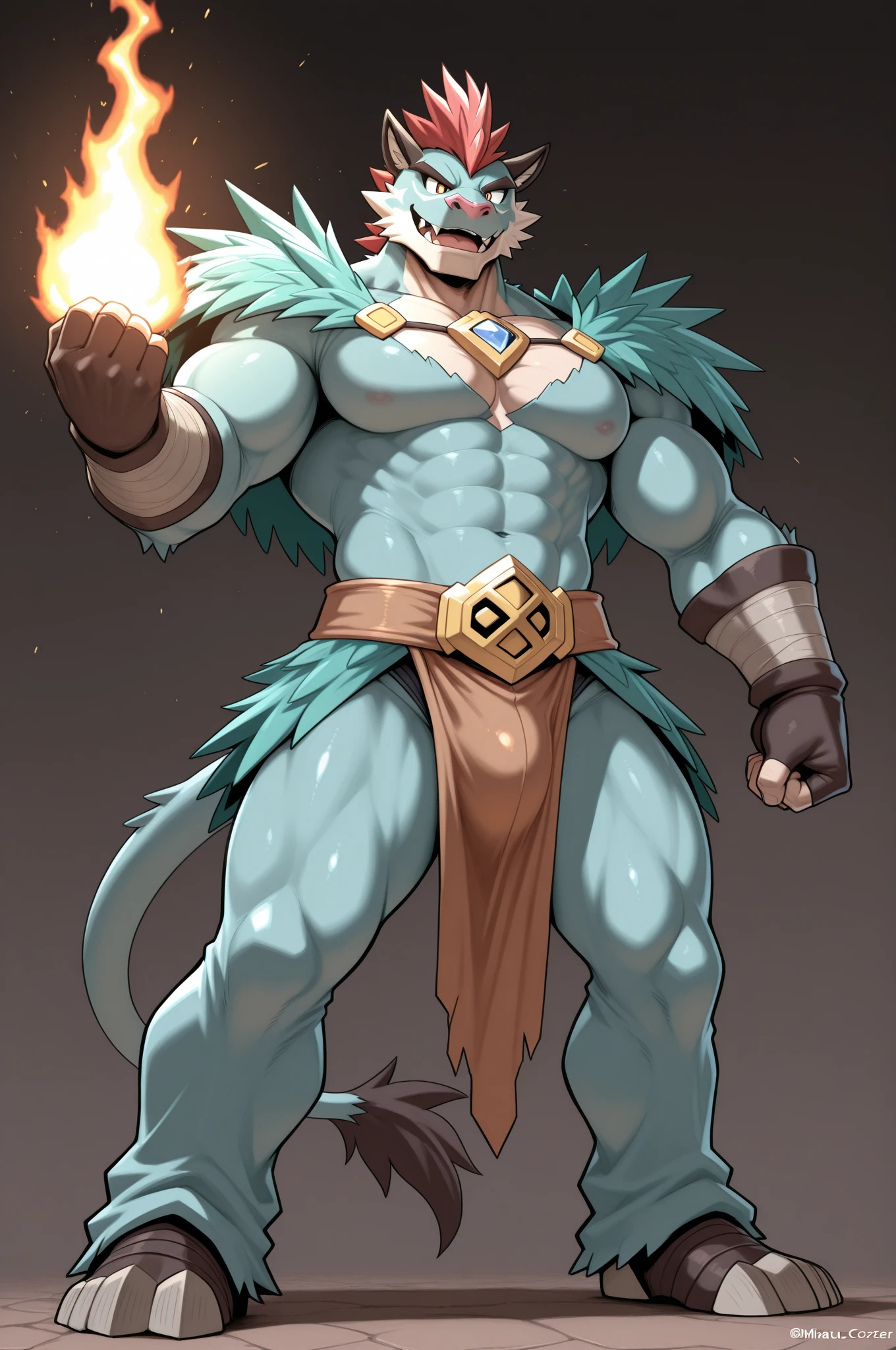 (by taran fiddler), (by darkgem:0.8), (by null-ghost), (by raccoon 21) masterpiece, solo, anthro, furry, furry male, Teal lion, teal bull, ((fluffy fur, tall, fluffy, furry body)), (ninja outfit, lion print, bull print), yellow eyes, Bull horns, white horns, white hair, wild long hair, white hair, bull tail, ((light teal face, moss green body, teal arms, white facial hair)), white sideburns, white long hair, NO black fur, NO black hair, detailed fluffy fur, detailed face, detailed eyes, pointy ears, no shirt, (huge pectorals:1.1), (fingerless gloves:1.1), full body, wrist beads, hakama pants, gloves, no shirt, collar, full white beard, white beard), cyberpunk street, (by null-ghost,by raccoon21, masterpiece, high quality, hi res,8k HD), standing, close-view portrait, looking at viewer, night, outdoor, 4 fingers,