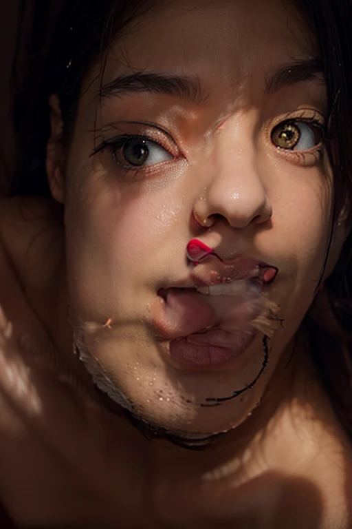 Foto de Emmy rossum, desde arriba, POV, delgada, en una cama, realista, a cuatro patas, top down view, muy brillante, (Best quality, 8k, 32k, Masterpiece, UHD:1.2), desnudo, cara detallada, licking the tip of the photographers dick, cum all over her face, POV hands grabbing her head, photographers hands grabbing her head, frame grid, pov