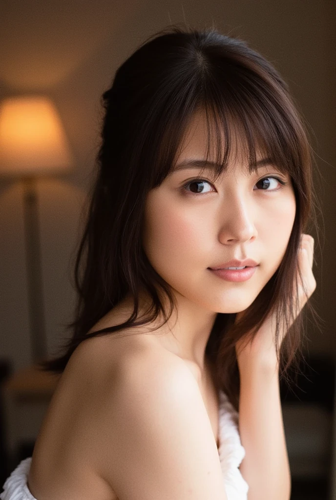 ((masterpiece, highest quality, High resolution, Photoreal, RAW photo, 8k wallpaper)), very detailed, 私を見つめる笑face、(1 45 year old Japanese mature woman:1.3)、(シワのあるface:1.3)、(accurate anatomy:1.1)、 women sexy, detailed face, beautiful eyes, bangs, soft little cleavage、(finest red bra)、perfect makeup、long eyelashes、lipstick、plump and beautiful lips, Beautiful and shining lips、(close-up of woman'face:1.4)、(Blurred luxury love hotel bedroom:1.1)、Warm and romantic lighting, moody colors