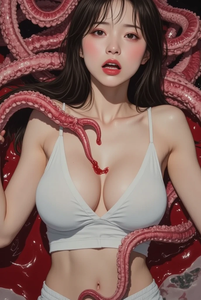 woman, very detailed faces, all body,  brown hair, bob cut,  bust, , Big round blue eyes, The most beautiful face, big and regular breasts, NSFW, red blush, slim abdomen: 1.2, detailed eyes, sexy, undressed, naked, open mouth, dark tan skin,  multiple star shaped tattoos on right abdomen, covered in glowing red slime, tentacle sex, glowing transparent red tentacles inserting glowing red eggs into  , being impregnated, legs spread, in the desert,