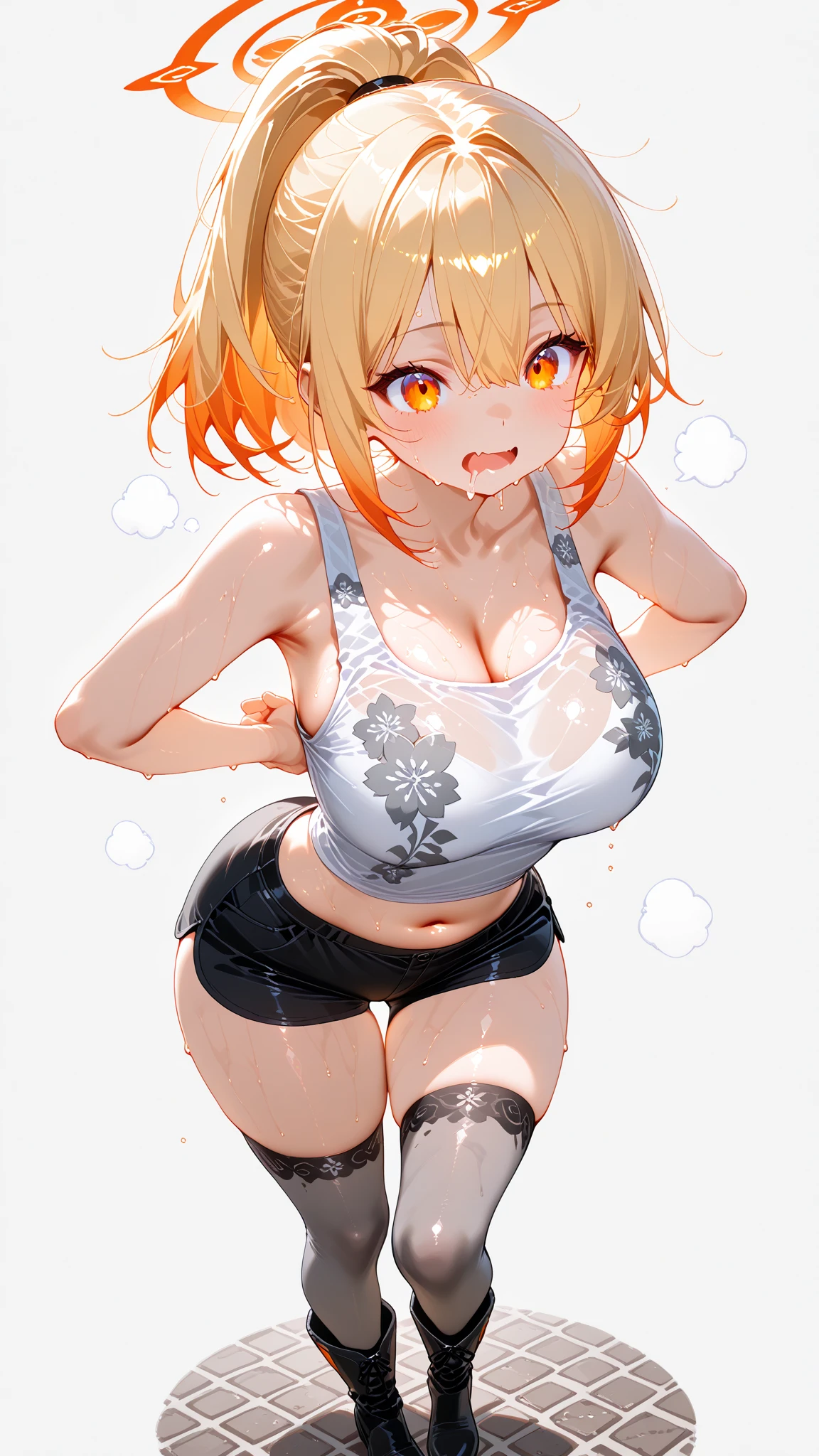 Sheer Sports Bra, s white sports bra, Erected nipples, White Tight Shorts, drenched in sweat, full of sweat, Heavy breathing, Red face, Exposed groin, Exposed pubis, Part of my sweaty chest is visible through my soaked T-shirt, 1girl in, Smile, Open mouth, Pee a lot in yellow, Crotch split, Blonde Shorthair, A very large red heart tattoo below the navel