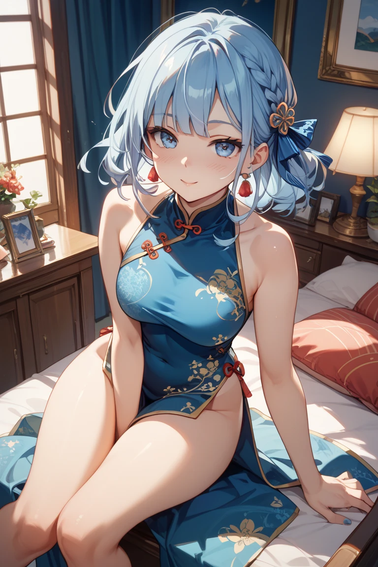 1 Girl,Solo,Masterpiece, Sharp Focus, (Beautiful Gorgeous Cute Korean Woman:1.3), (Beautiful Cute Korean Woman:1.3), Korean Beauty, Delicate and Beautiful Hair and Eyes and Face, Realistic, Ultra Detailed, Beautiful Girl, Glow White Particles, (Side Light:1.2), Full Body, Slender, Colossal,Big and Big ???, Show Your Teeth and Laugh, ((Laugh with Your Eyes, Open Both Eyes)), short straight hair, ???? look, dynamic hair, detailed platinum mint green hair, shining blue eyes, black china clothes, sitting on bed