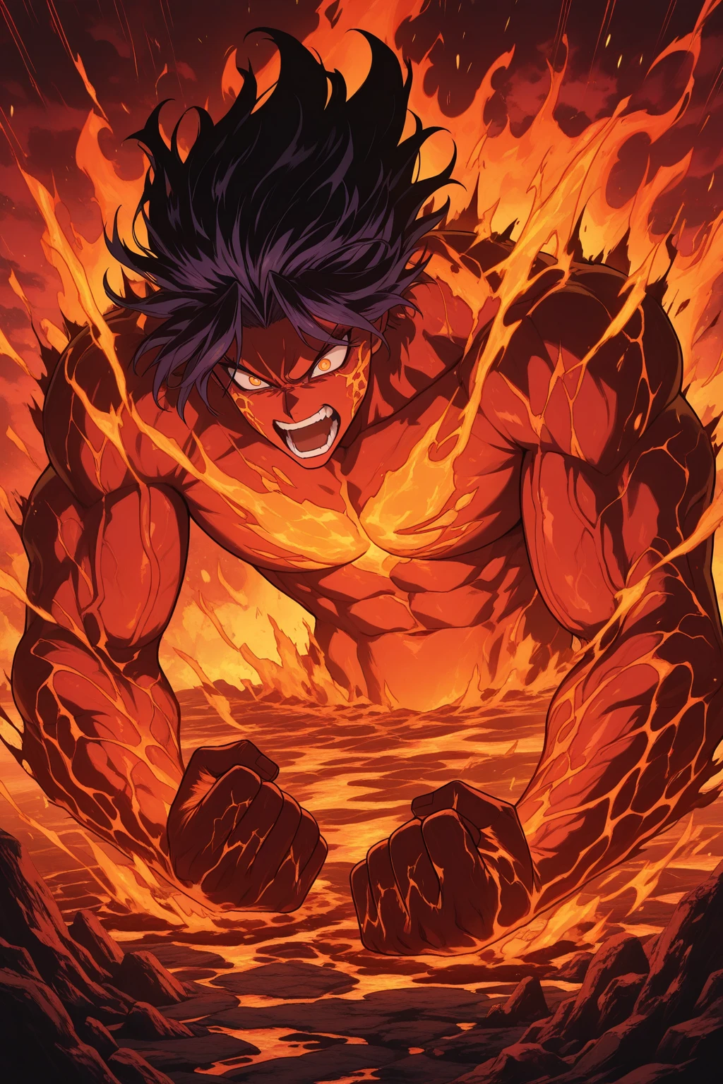 Monkey D. Luffy em sua forma Gear 5, as seen in One Piece. He's in a dynamic pose, with his body engulfed in red and black flames, emanating an intense aura. Your muscles are visibly enlarged, reflecting your increased strength. Luffy has his characteristic confident and determined smile, eyes shining with energy. Your straw hat is firmly placed on your head, and he&#39;s wearing his iconic pirate costume, with the straw hat flag visible. The background shows a tumultuous maritime environment, with waves and dark clouds, highlighting your aura of power. Image quality is detailed, with crisp textures and vibrant colors, capturing the full intensity of the moment.
