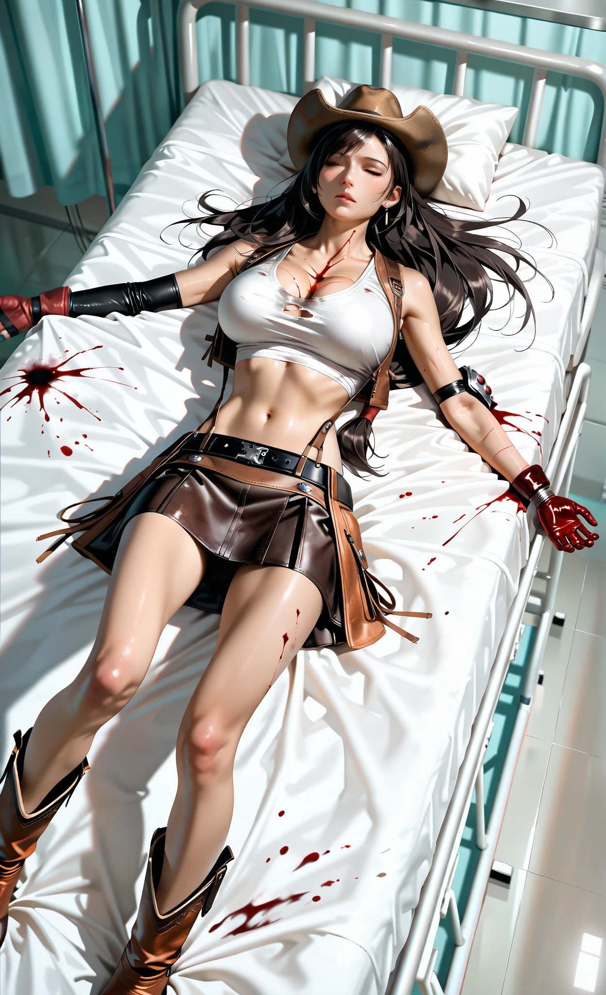 Imperial Guard Combat Uniform Swimsuit, o-ring bikini, v gundam, swimsuit, absurdres, highres, solo, cowboy shot, 1girl, neneka nibrou \(cosplay\), wristband, headphone, holster, backpack, holding gun, aiming, perfect hands, wind, hair ornament, large breast, huge breast, brown hair, blue eyes, long hair, jewelry, gem, bracelet, crown, lipstick, (((blood on face, blood on clothes)))