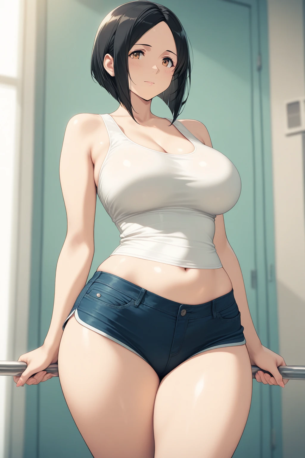 (Best quality,Unbeatable masterpiece:1.4),Ultra-detailed CG 4K,white camisole,Black slit shorts with white edges,Huge cleavage,?????? presentation,AS-Adult,hair covering one eye,smooth thigh,standing with legs apart,?????? presentation,navel,Lower breast,Breasts enlarged,lift one thigh