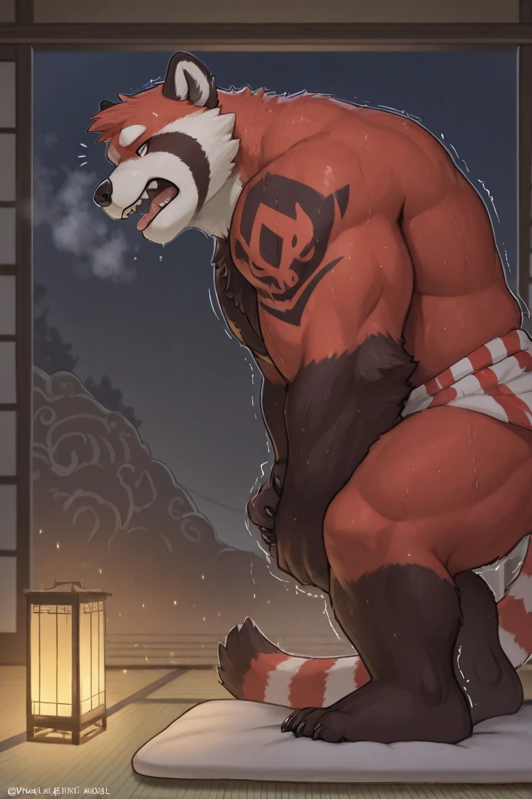 Solo, male (((giant, tall, wolf, werewolf, red eyes, grey body, Muscular, broad shoulders, hyper pecs, huge pecs, huge muscles, abs, muscular arms, muscular thighs, sharp teeth, black chest hair, black nose, tail, fangs, exposed teeth, clawed hands, clawed feet, big tusks, horns, big horns, body marking, red markings, black claws, scruffy cheeks, huge bulge))) forest, night, standing ((male focus, focus wolf, focus teeth)) rubbing stomach, detailed hands, detailed eyes, detailed face, detailed teeth, detailed tusks, detailed arms, detailed abs, detailed bulge, detailed snout, briefs, black briefs, big briefs, accurate tusk placement, perfect anatomy, by darkgem, by mystikfox61, by glitter trap boy