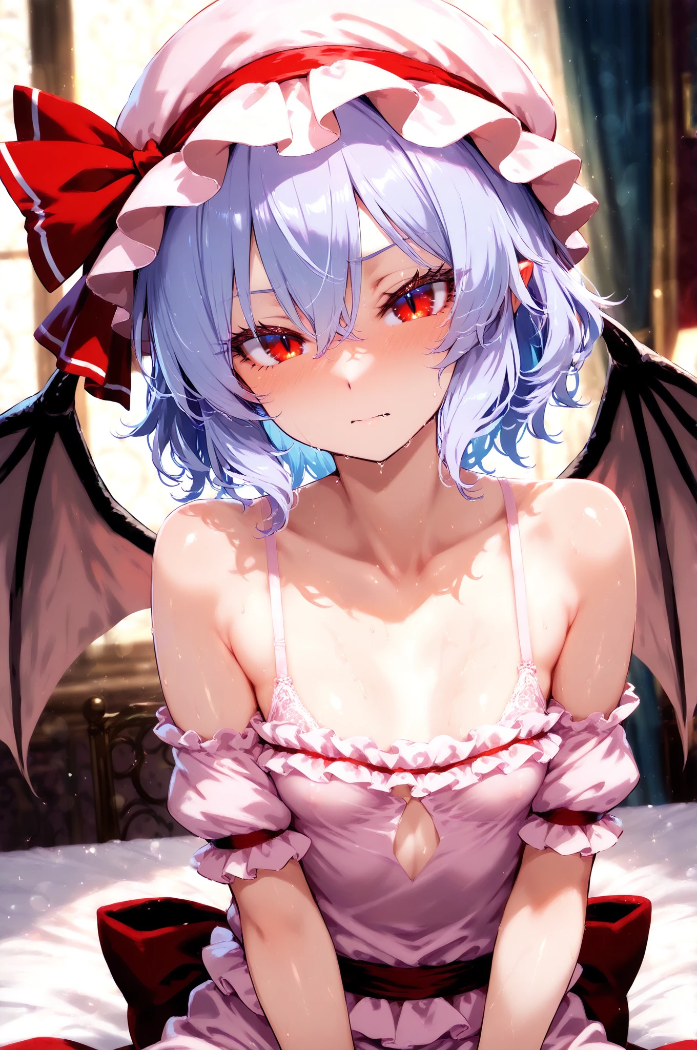 masterpiece、top-quality、1girl in、(I'm wearing a mob hat)、Medium hair with blue hair、red blush、the bow、ascot、wingspan、bedroom background、Colossal tits、A slender、remilia scarlet、a closeup、fullnude、Seductive posture、the whole body is wet、seduction face