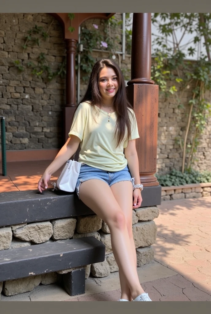 there is a woman sitting on a bench with a purse, sitting on bench, sitting on a bench, sitting on a park bench, vacation photo, 30-year-old woman from cuba, 30 years old woman, 3 0 years old woman, at the park, at a mall, tan skin a tee shirt and shorts, sitting down casually