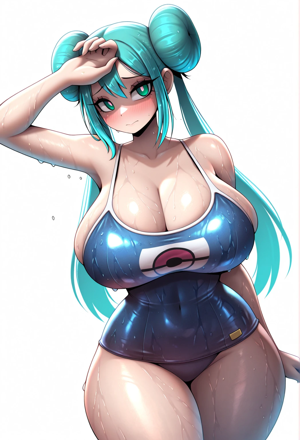 One Girl,{Knee-high socks}、(((Wide Hips)))、 (((Thick thighs)))、((Big Ass))、(Big Breasts) Embarrassed look、whole body、Sexy pose,Blue one piece swimsuit、School Swimsuit,shortstack