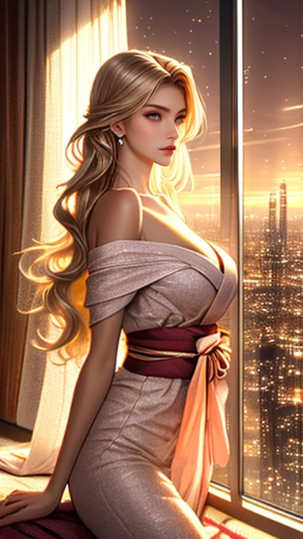feet out of frame, adult, large breasts, woman, (Sunlit blonde hair arranged in loose, carefree waves.), brown eyes, beaded headband, wearing dr3ss, bows, cross-laced clothes, (silk Passion Pink dress), (embroidered ornate), halterneck, high collar, jewelry, armlet, headdress, (lace trimmed) , frills, cuffs, ribbons, hair bow, <lora:RoccheDress:0.65>, (Point-of-view shot:1.1), Futuristic city rooftop garden with vertical green walls and rooftop pools,