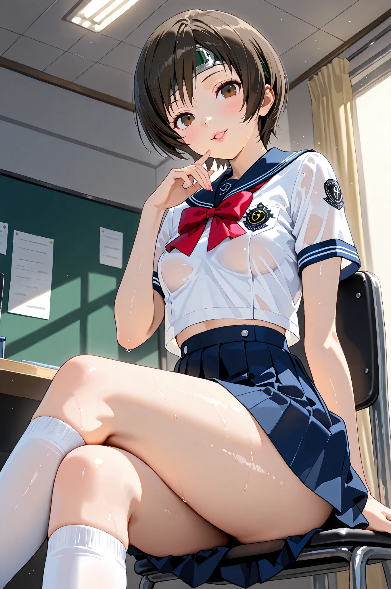 (locker room), young teen, (school uniform) , slim, small breast, dark hair, ((looking over a shoulder:1.4)), white panties, (mini skirt:1.1), vibrant color palette, serene expressions, peaceful introspection, modern understated elegance, simplicity and purity, tranquil atmosphere, digital painting, ultra fine, (no panties:1.4), sitting, (spread legs:1.3)
