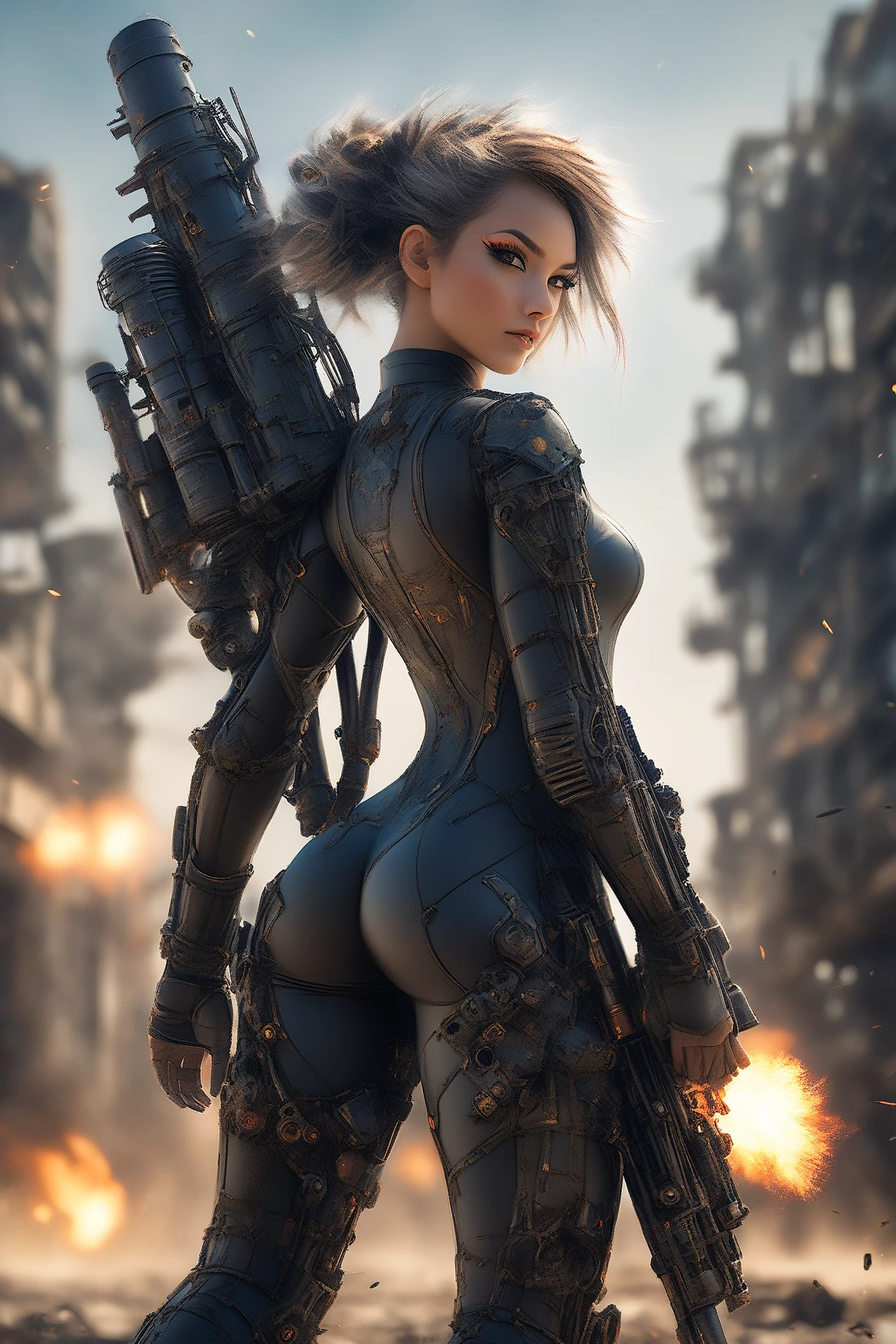 ８ｋ,realistic skin texture、superrealism、realistic photo、beautiful girl, beauty prodigy, a beautiful goddess, golden proportions, 25 year old caucasian girl, origin of northern europe, detailed face, attention detail of the face, pink full lips, very long curly orange-red hair that falls in ringlets over his abundant chest, big chest, narrow waist, round, proportionate and sexy ass, fit, fitness, powerful thighs, A futuristic cybernetic soldier stands among the rubble.Damaged heavy plate camouflage black metal armor inspired by the mix of Evangelion and Iron Man model MarkVII、Skull tattoo on right thigh. Blue and red LEDs illuminate and decorate the combat armor、Heavy combat armor, dirty, Unit paint and identification number. Metallic combat gloves with LED lighting details, peeling paint、oil stains、pulse gun、Fighting spirit、Detailed description、dynamic pose、challenging, armadura muy dirty y dañada por el combate deja ver partes de su cuerpo,bare breasts, breasts out, exposed ass, moist skin, the flag, NSFW, Foreshortened back looking at the viewer, mirada enfadada y challenging