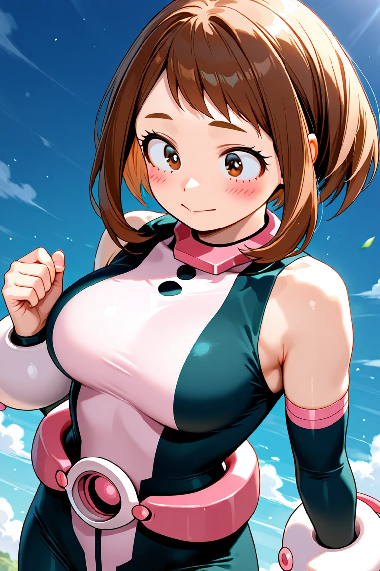 1girl,uraraka ochako,brown hair,short hair,bob cut,boku no hero academia,bodysuit,medium breasts,arms up,arched_back,arm_behind_head,from side,light smile, detailed illustration,highres,score_9,score_8_up,score_7_up,