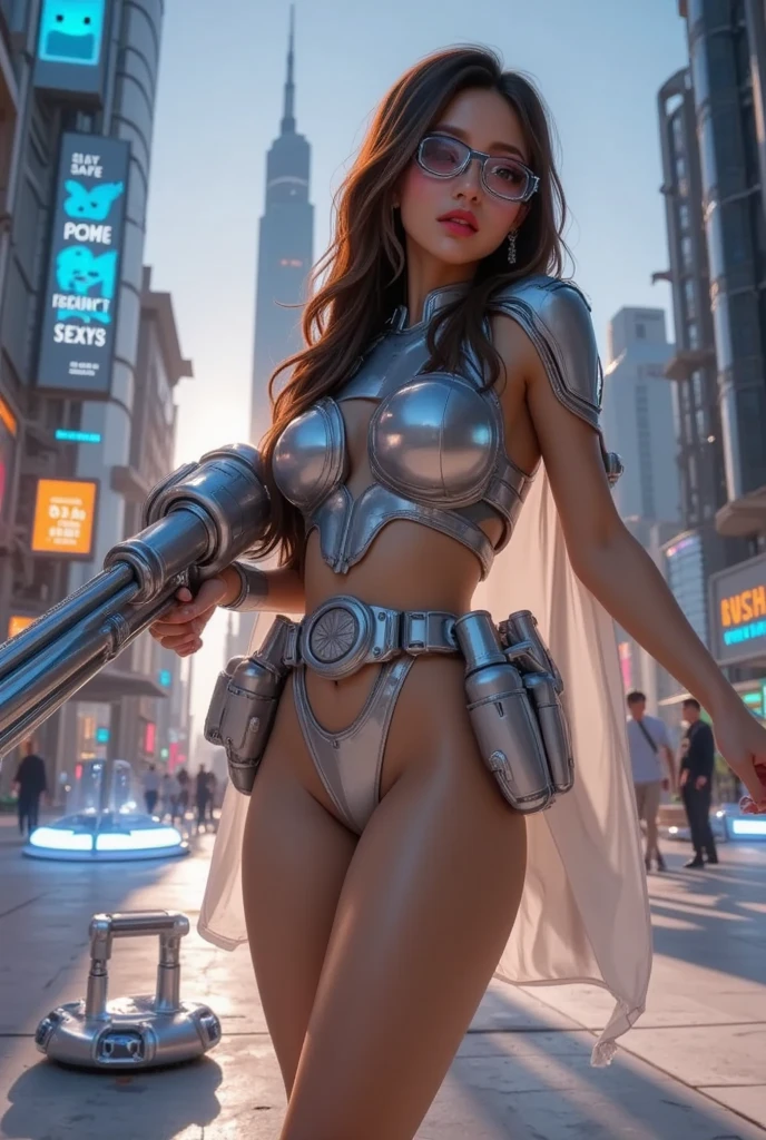 a beautiful woman-robot standing in a futuristic city backdrop, detailed intricate mechanical parts seamlessly blended with a slender, graceful humanoid form, magnificent anatomy and physique, 1/2 body crop, (best quality, 4k, 8k, highres, masterpiece:1.2), ultra-detailed,(realistic, photorealistic, photo-realistic:1.37), HDR, (intricate details:1.12), (intricate details, hyper-detailing:1.15), (natural skin textures, hyper realisitc, soft light, Sharp:1.2)