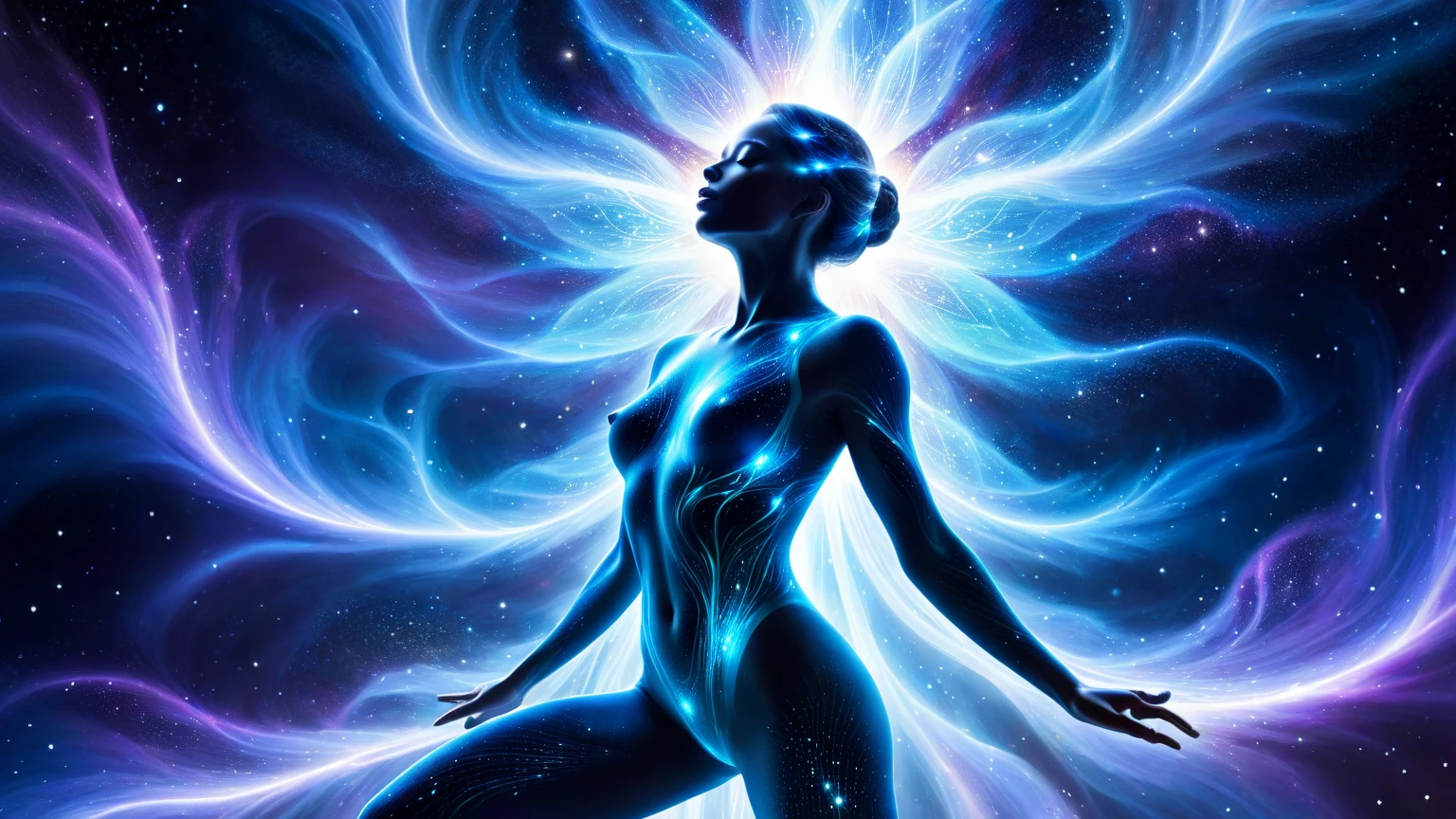 an incredible and spectacular scene of a female figure emerging from a luminous cloud, fractal threads of nebula enveloping her breasts and hips, cosmic entities, celestial, cosmic, vibrating and bright, vortices, swirling, unrealistic, high contrast, symbolism, magical, mystical, mystifying, hyperrealistic, oversaturated, colorful