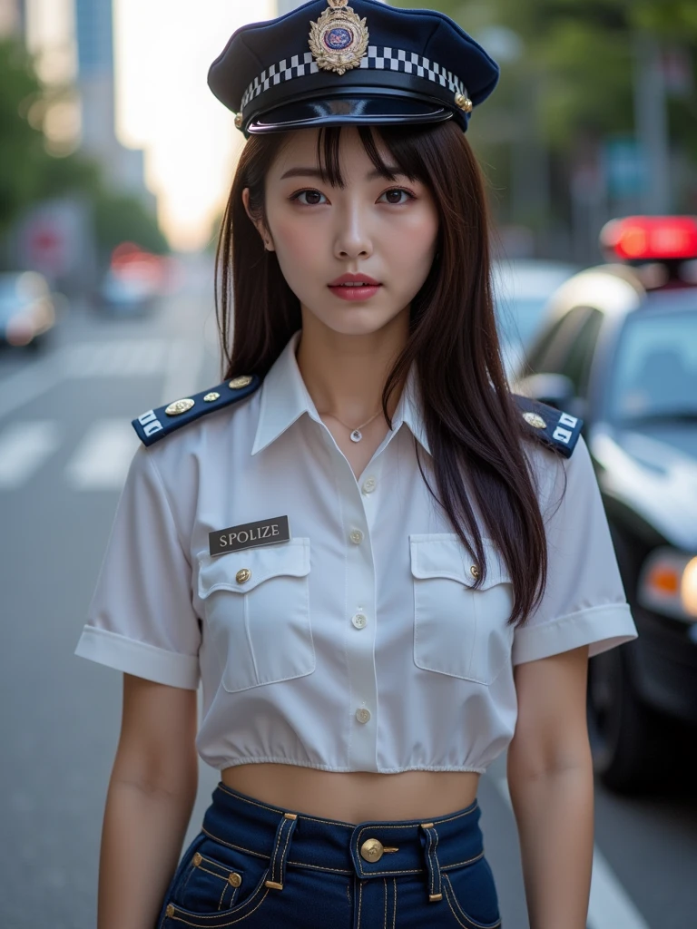 An innocent 20-year-old girl、((Japanese Police Officer, Sexy police uniform, skirt, Cute and elegant, Dramatic Pose)),smile,Night city background,shortcut、RAW Photos, (8K、Highest quality、masterpiece:1.2)、(Intricate details:1.4)、(Photorealistic:1.4)、Octane Rendering、Complex 3D rendering with ultra-detail, Studio Soft Light, Rim Light, Vivid details, Super Detail, Realistic skin texture, Detailed aspect, Beautiful details in the eyes, Highly detailed CG Unity 16k wallpaper, compensate, (Detailed Background:1.2), Glowing Skin, whole body,Put your hands down、Spread your legs and show me your panties,Sit on a bench