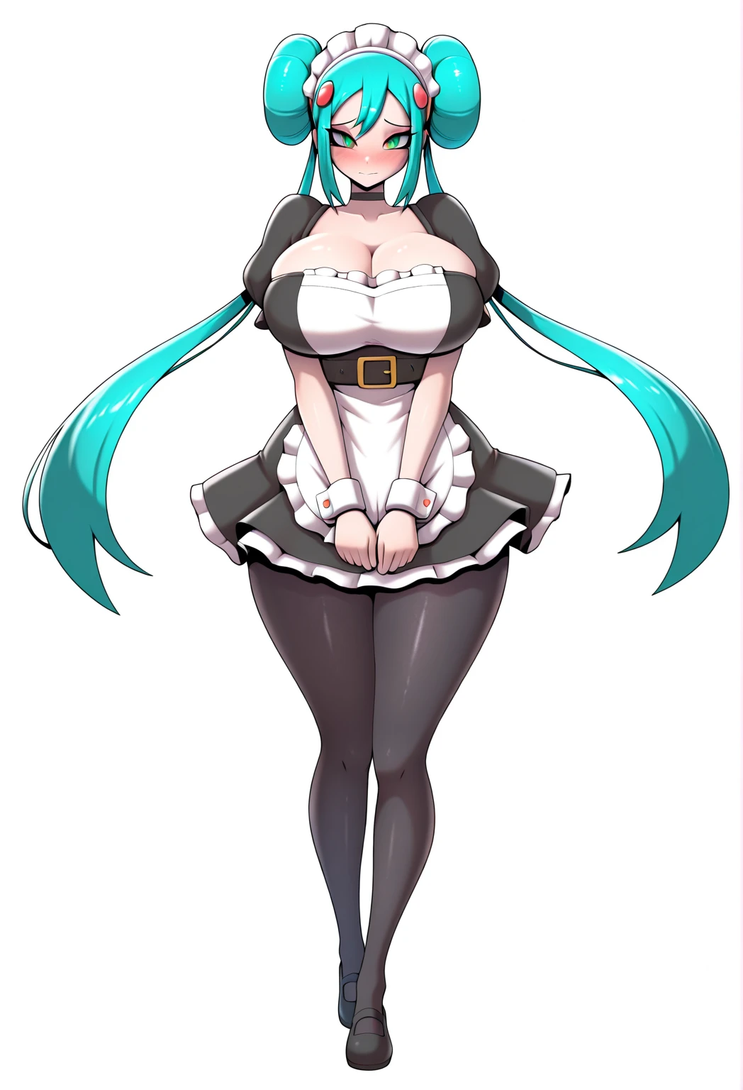 pneuma \(xenoblade\), 1girl, absurdres, bangs, breasts, earrings, green eyes, green hair, headpiece, highres, inuisbink, jewelry, large breasts, long hair, ponytail, solo, swept bangs, tiara, very long hair, xenoblade chronicles \(series\), (xenoblade chronicles 2), team rocket,team rocket uniform,white skirt,red letter R,crop top,black thigh-highs,black elbow gloves