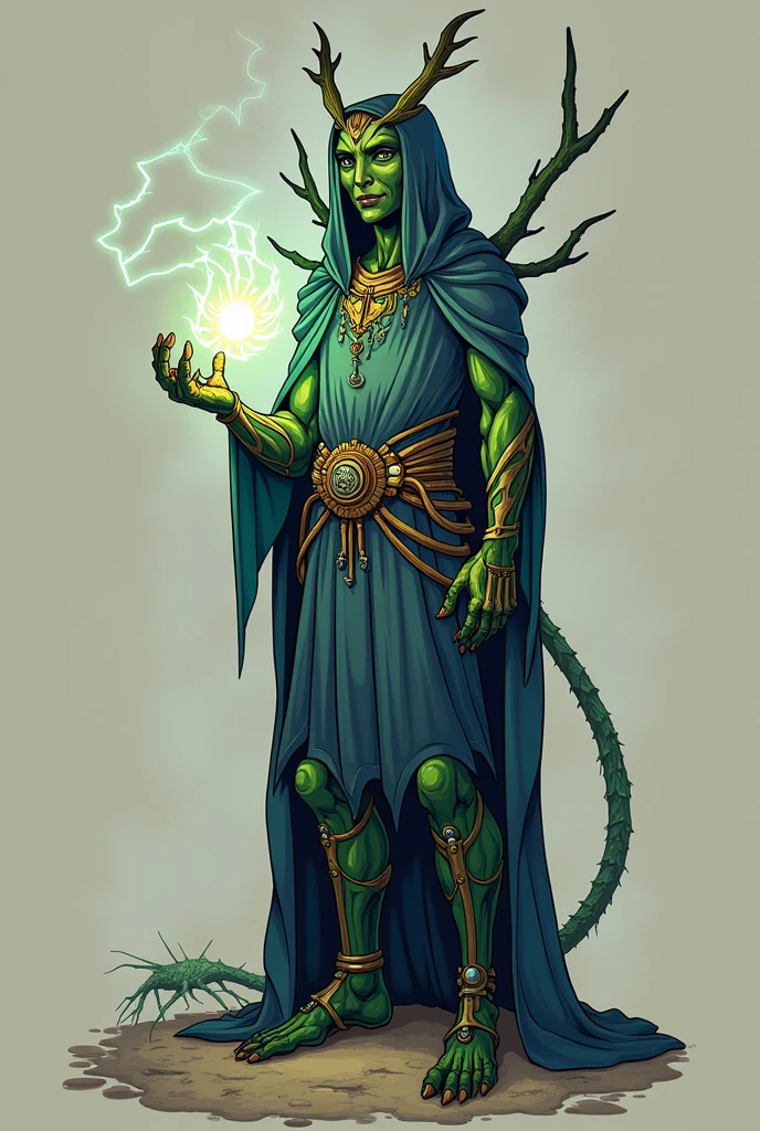 A wizard who is a mix of a human and a serpent. Its constitution, The arrangement of limbs is humanoid and its face closely resembles that of an ordinary human., but his eyes were slitted and his scales were on both his hands, as in the neck indicate its serpentine nature. He wears a robe and carries a grimoire of spells..