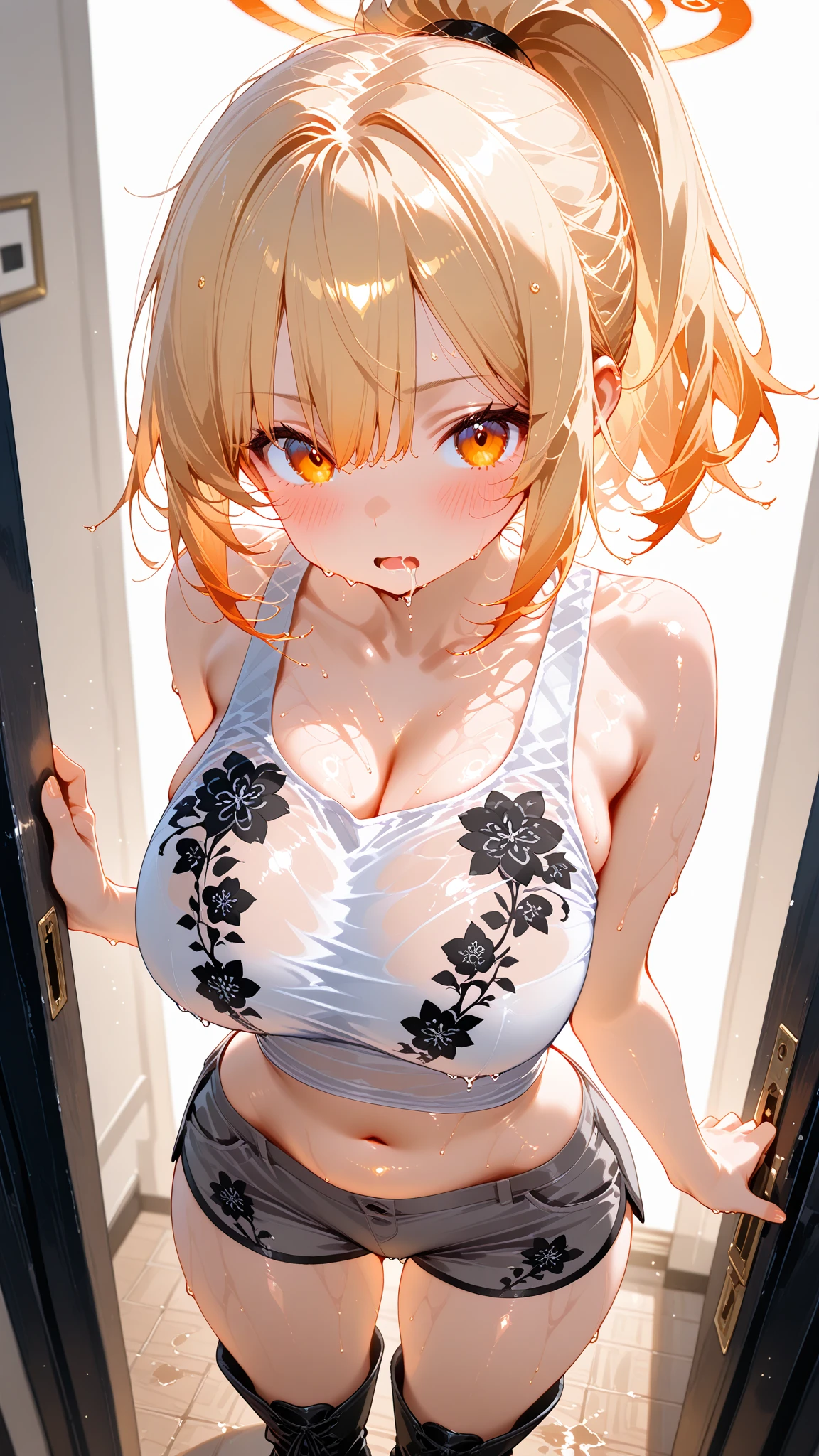 (highest quality, High resolution, perfect pixel, Depth of bounds written, 4K), (high angle:1.5), (upper body:1.2), detailed eyes, (1 girl), perfect body, medium breasts, blond hair, (side ponytail), (white t-shirt lift:1.5), (show off bra:1.2), (v-neck), (black suspender skirt), necklace, (kneehighs), bellybutton, (sitting), open legs, (arms up), blush, surprised, open mouth, wet,