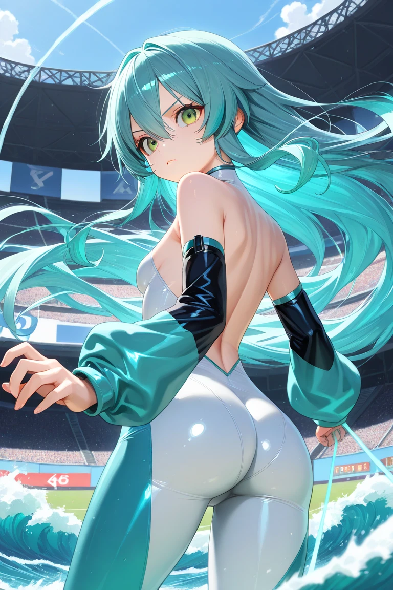 Hatsune Miku, cheerleader, sucking fingers, makeup,  cat ears, big tits, big ass, yellow eyes
