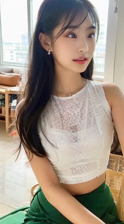 (((forehead、Northern Europe、White people、beautiful girl、Black Hair、White background、Camisole dress)))、table top, highest quality, figure, super detailed, finely, High resolution, 8k wallpaper, Perfect dynamic composition, detailed and beautiful eyes, Deco out,bionde, medium hair, super big breasts, Natural color lip,white background, random cute poses,frill dress