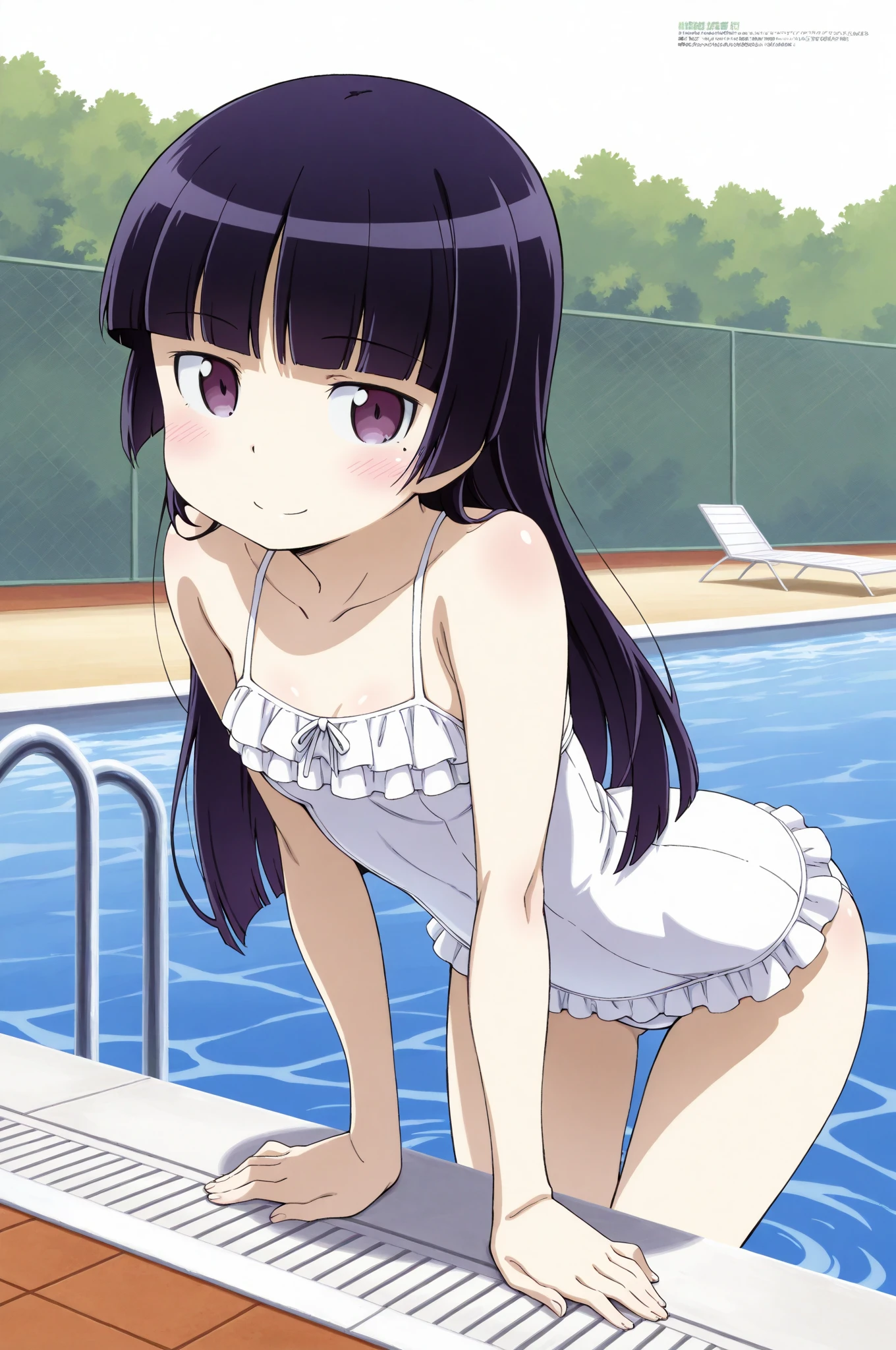 ((ruri gokou)), blush, Black Hair, Mole, Mole under eye, (Pool Party), Tropical Dress, Champagne, Pool Bar, Wavy Hair, Floral Accessories, Turquoise Pool, relax, Sense of luxury, elegant, Celebrity Style, White Cabana, Luxury